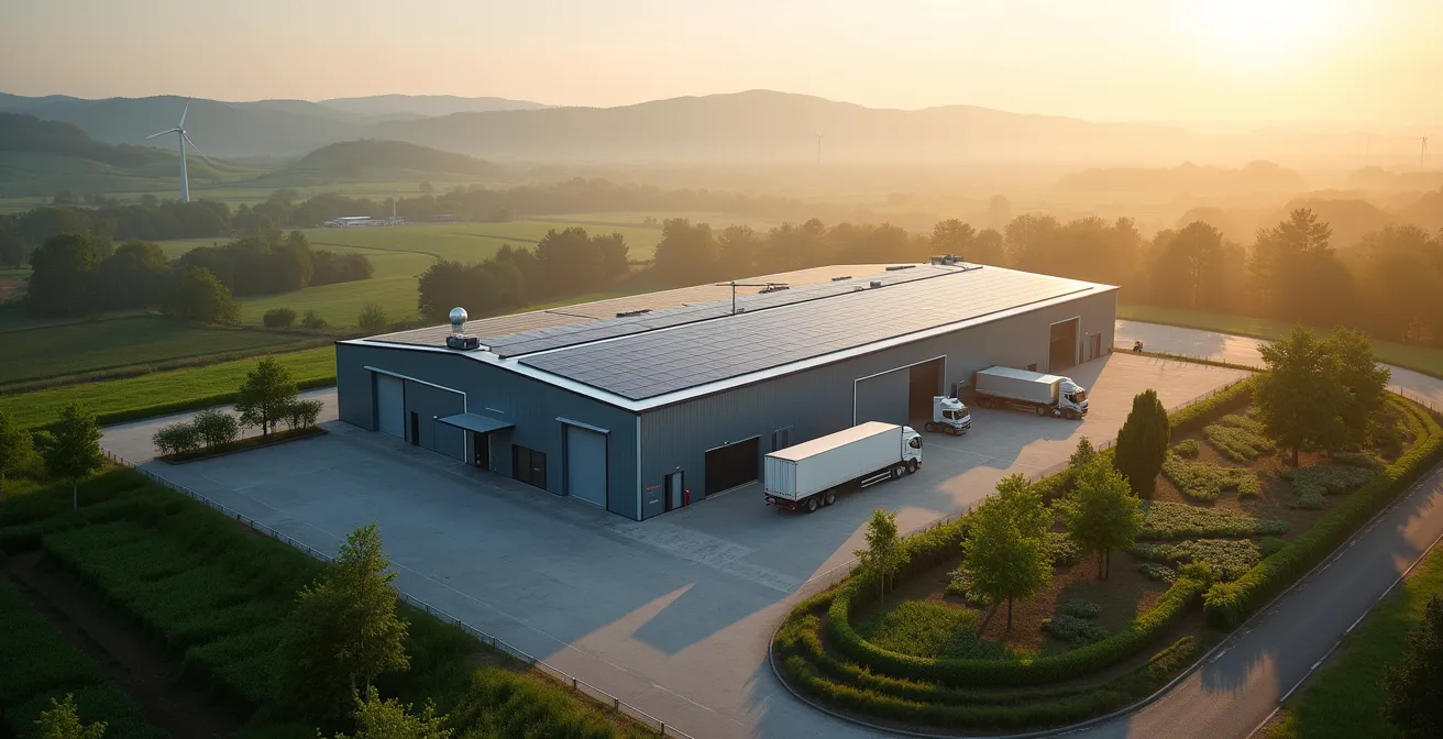 Vue aérienne d'un site de production français avec panneaux solaires et espaces verts environnants