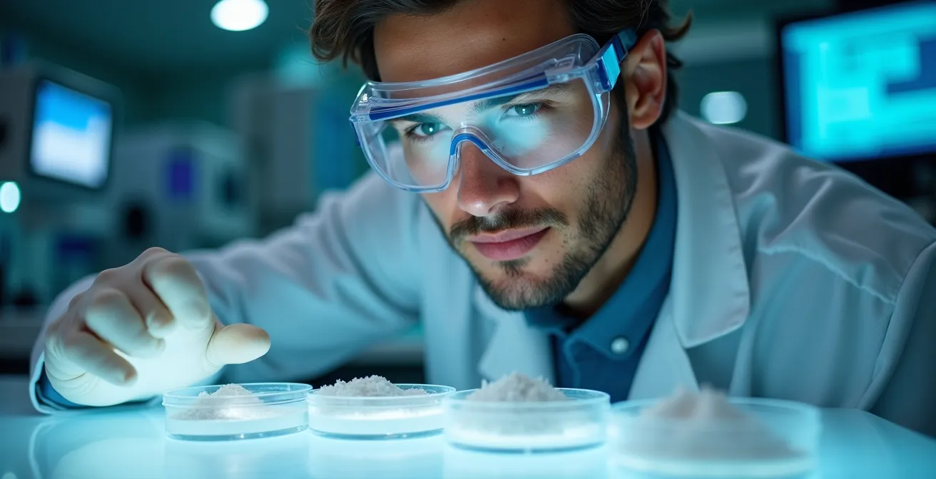 Technicien analysant des échantillons de poudre blanche dans un laboratoire de contrôle qualité avec chromatographe