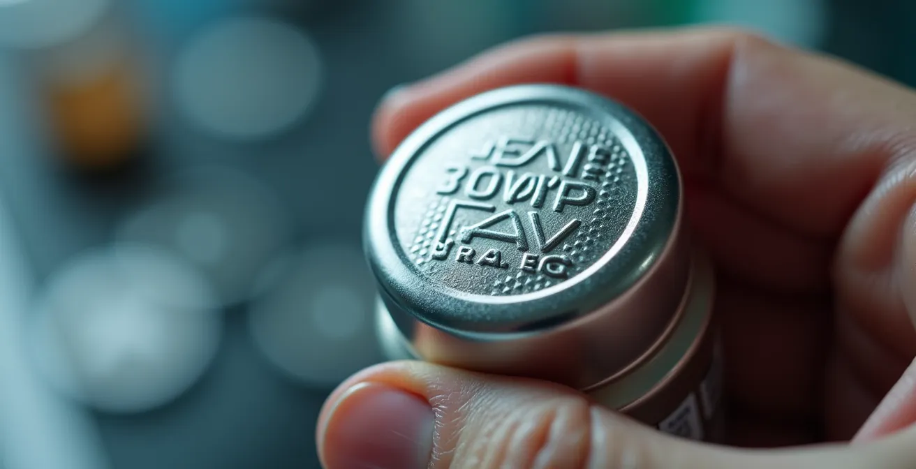 Main tenant une boîte de complément alimentaire avec focus sur les marquages réglementaires et le numéro d'agrément