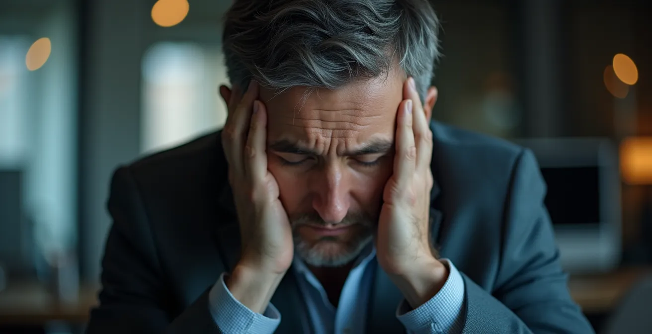 Homme d'affaires tendu à son bureau, mains sur les tempes, expression de stress intense