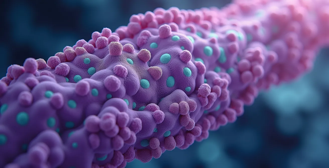 Vue microscopique détaillée d'une mitochondrie en coupe transversale montrant les crêtes internes