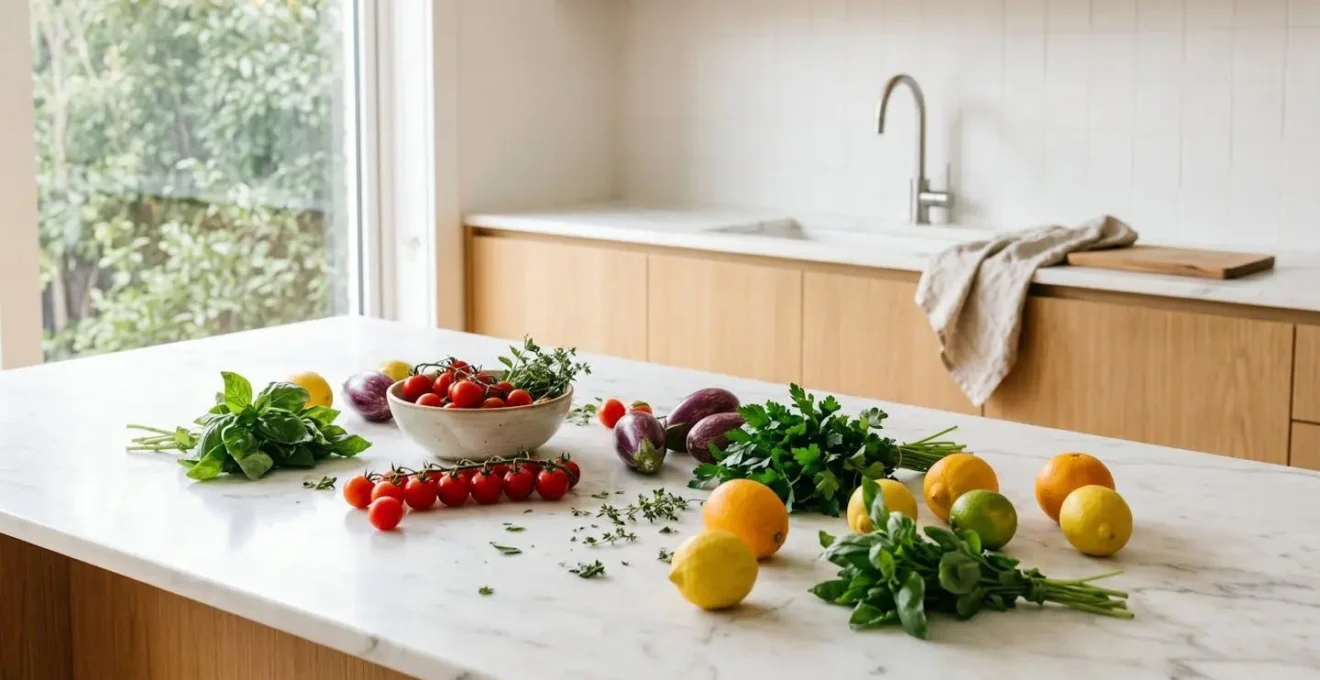Composition minimaliste et aérée de fruits et légumes frais aux couleurs vives dans un espace lumineux symbolisant la flexibilité alimentaire