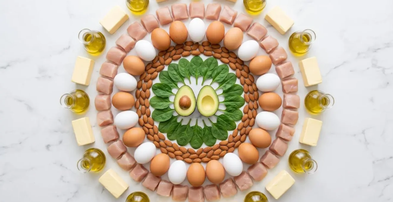 Composition symétrique d'aliments frais entiers comme des œufs, épinards, avocat, sur un fond minimaliste