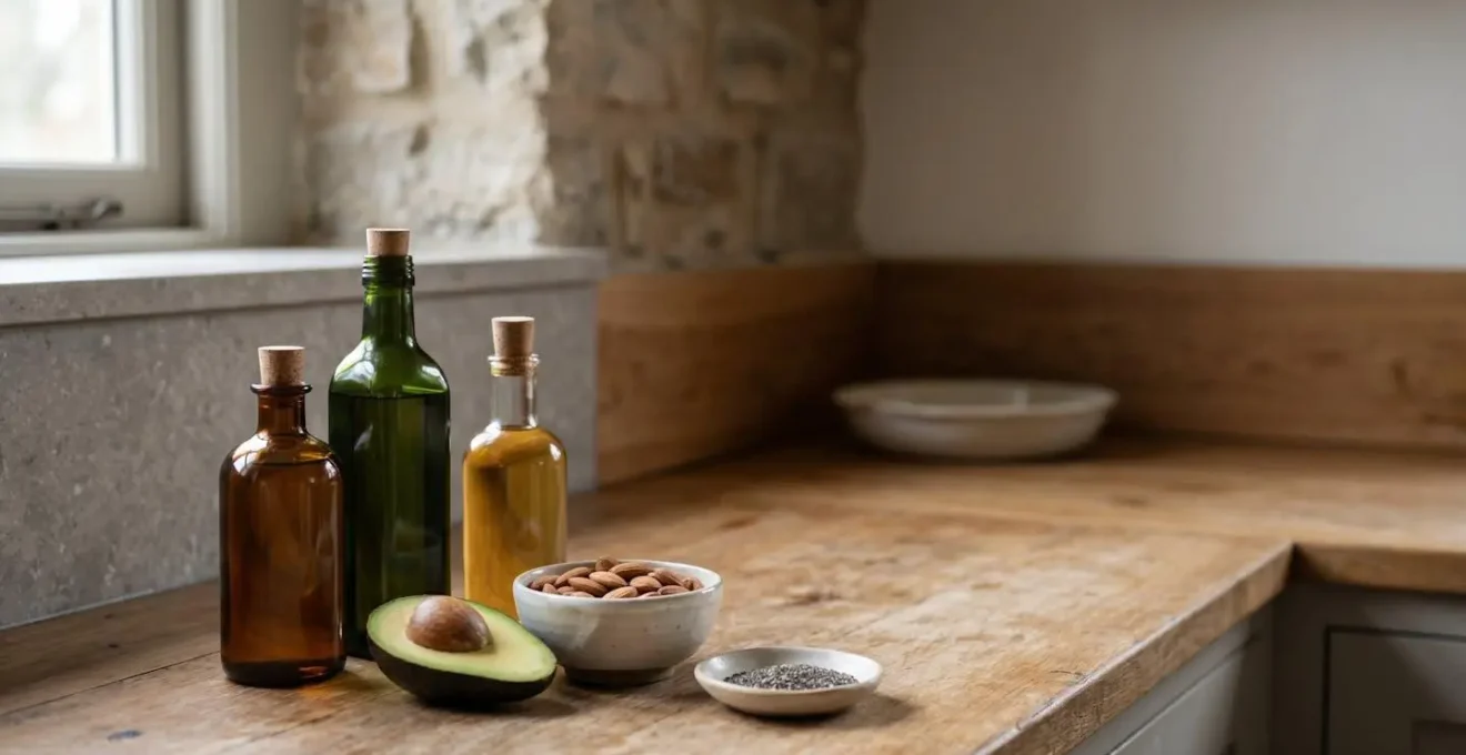 Scène minimaliste présentant des alternatives naturelles aux graisses saturées dans un environnement de cuisine épuré
