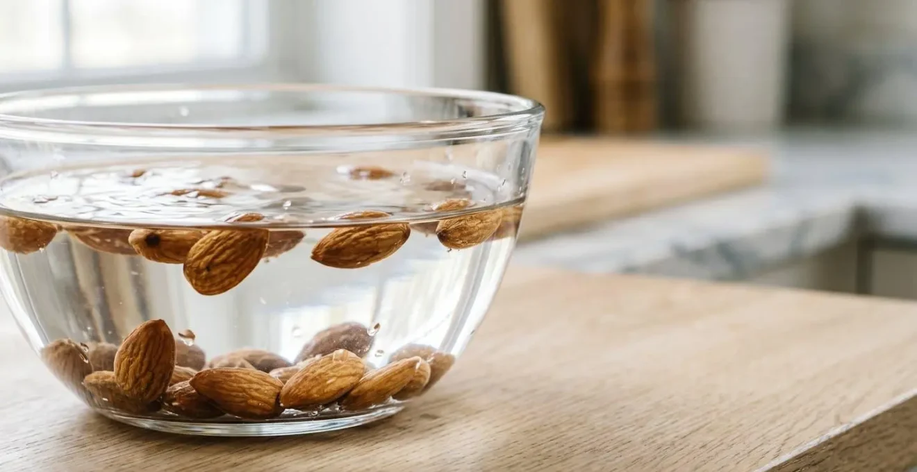 Amandes trempées dans l'eau en cours d'activation illustrant le processus de réduction de l'acide phytique