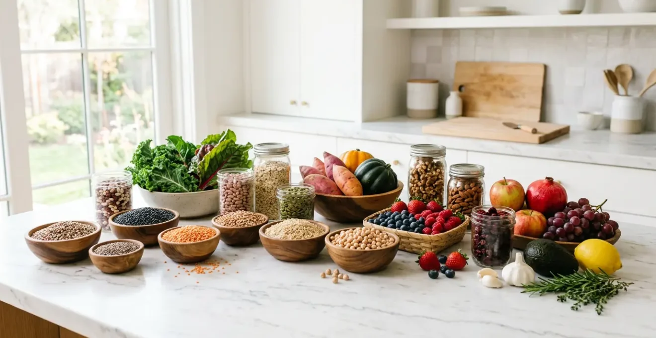 Composition culinaire variée d'aliments à index glycémique bas dans une cuisine lumineuse