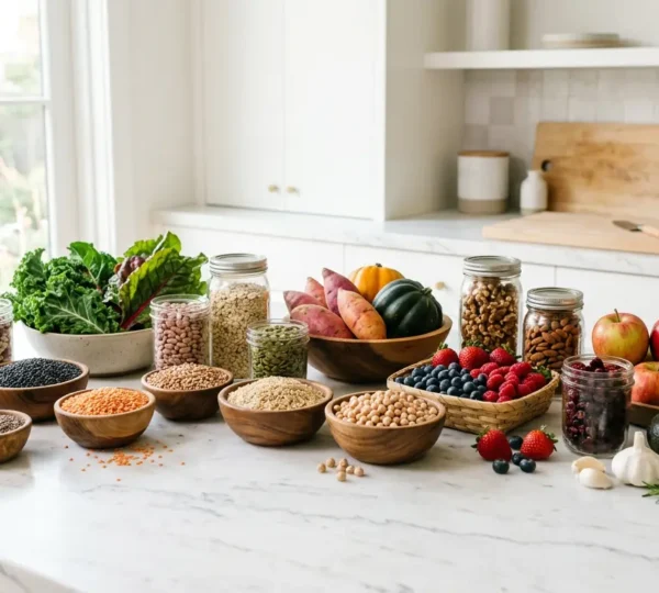 Composition culinaire variée d'aliments à index glycémique bas dans une cuisine lumineuse