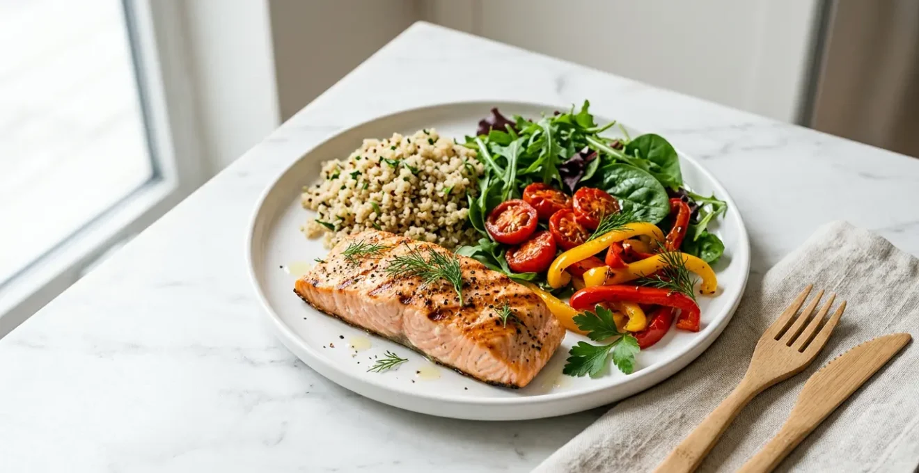 Assiette colorée composée de légumes variés, protéines maigres et féculents complets pour un repas à faible charge glycémique