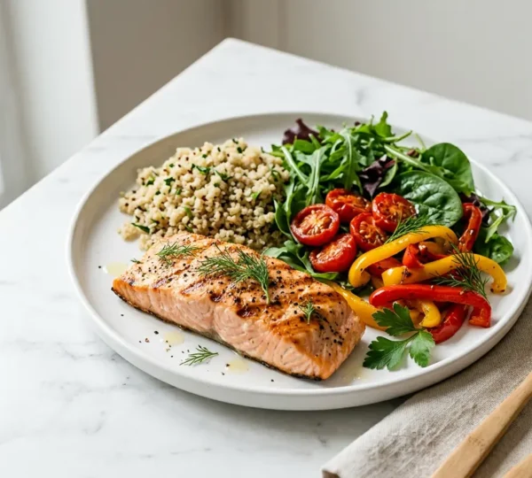 Assiette colorée composée de légumes variés, protéines maigres et féculents complets pour un repas à faible charge glycémique