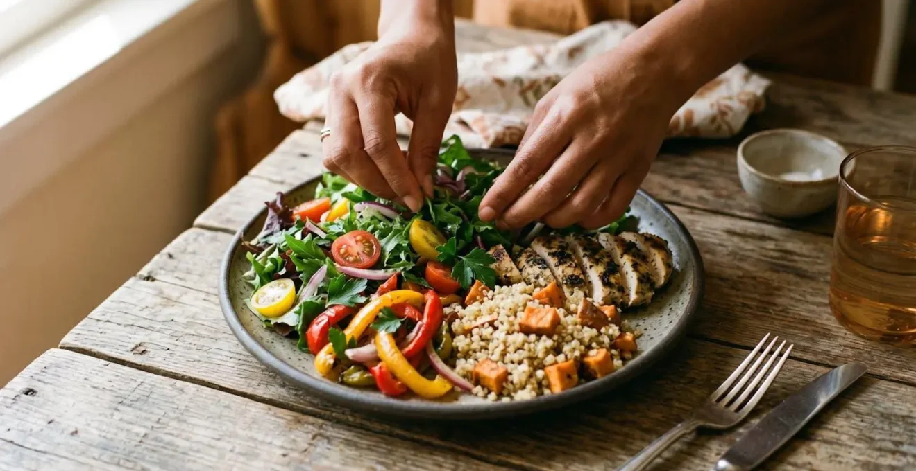 Assiette équilibrée respectant la formule 50-25-25 avec légumes colorés, protéines et glucides à IG bas