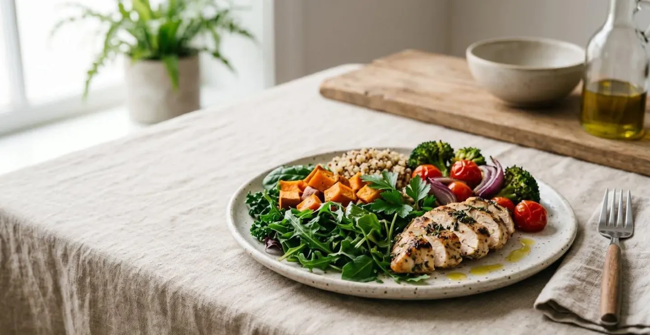 Assiette complète et équilibrée composée d'aliments naturels colorés présentés avec soin