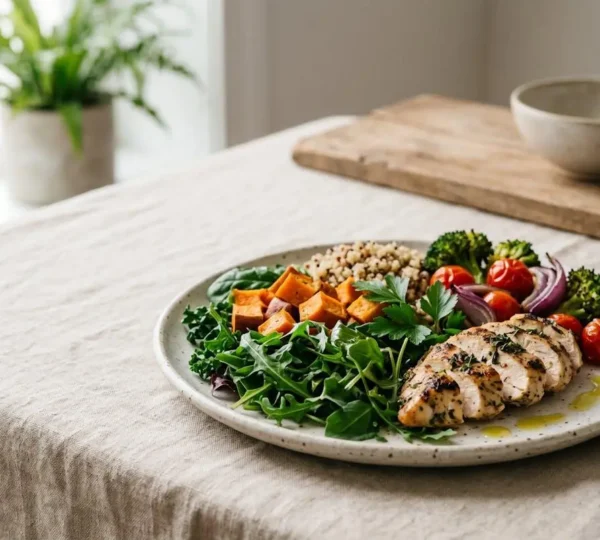 Assiette complète et équilibrée composée d'aliments naturels colorés présentés avec soin