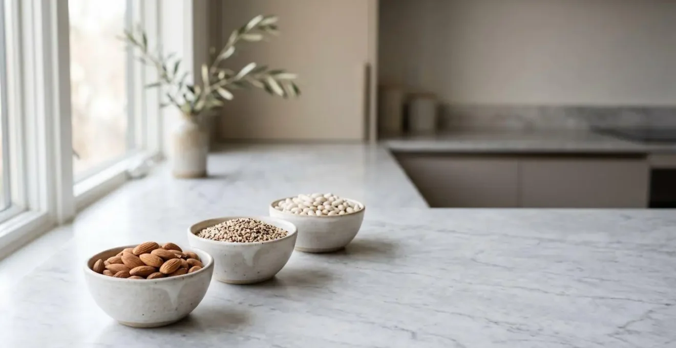 Métaphore visuelle montrant l'équilibre délicat entre différents éléments nutritionnels dans un contexte minimaliste