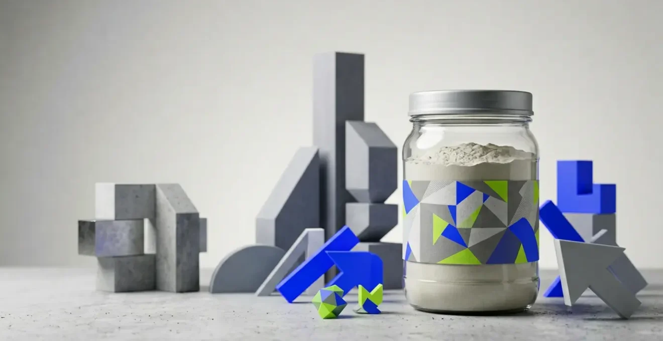 Poudre de BCAA aromatisée dans un environnement minimaliste évoquant la nutrition sportive et le marketing des suppléments