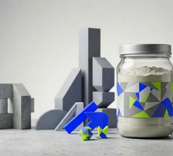 Poudre de BCAA aromatisée dans un environnement minimaliste évoquant la nutrition sportive et le marketing des suppléments