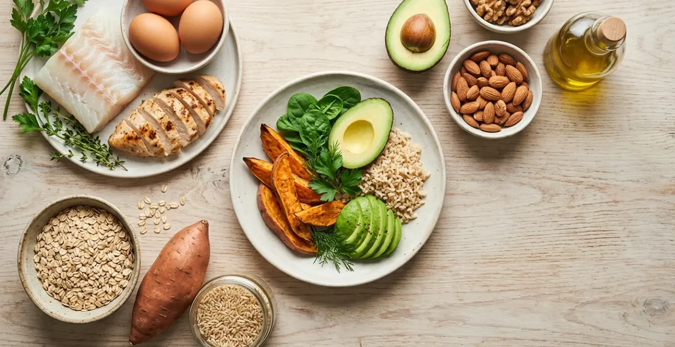 Composition nutritionnelle équilibrée montrant divers aliments protéinés et glucides avec des éléments de mesure