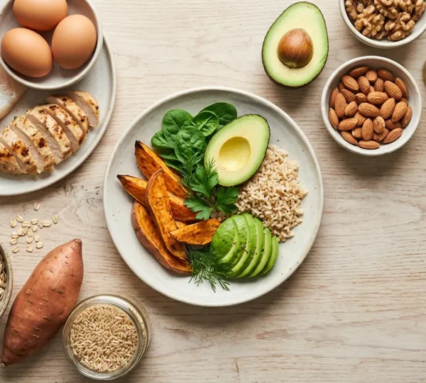 Composition nutritionnelle équilibrée montrant divers aliments protéinés et glucides avec des éléments de mesure