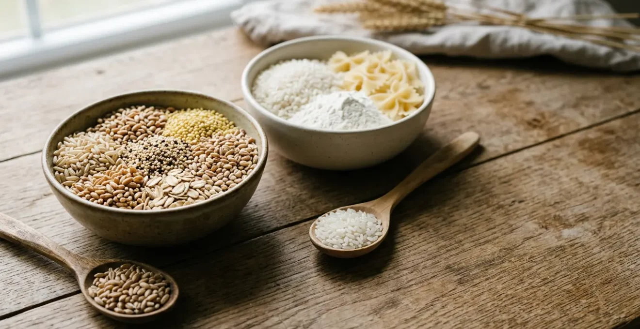 Gros plan sur des grains de céréales complètes et raffinées côte à côte, éclairage naturel, sans texte ni emballage