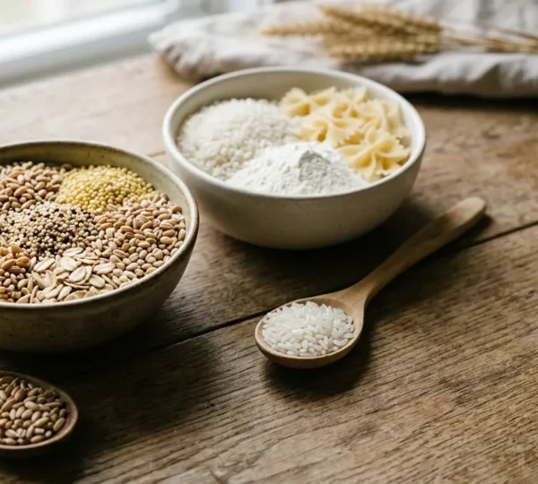 Gros plan sur des grains de céréales complètes et raffinées côte à côte, éclairage naturel, sans texte ni emballage