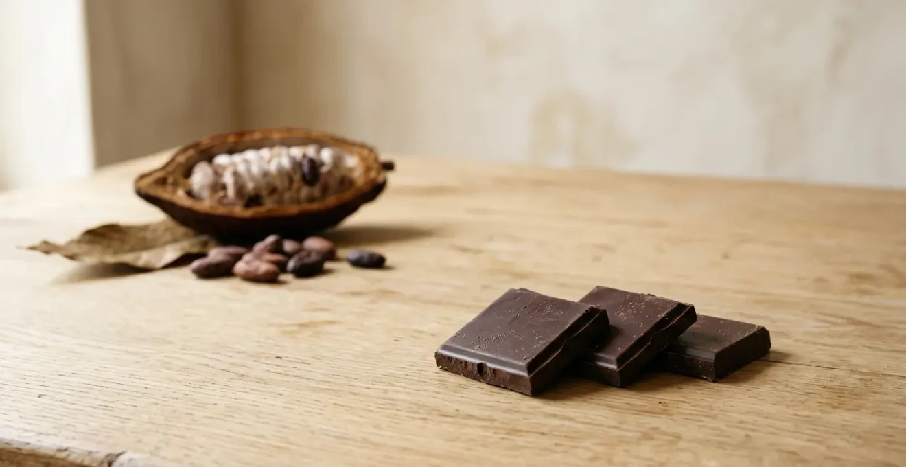 Carrés de chocolat noir à 85 % de cacao disposés sur une surface naturelle minimaliste