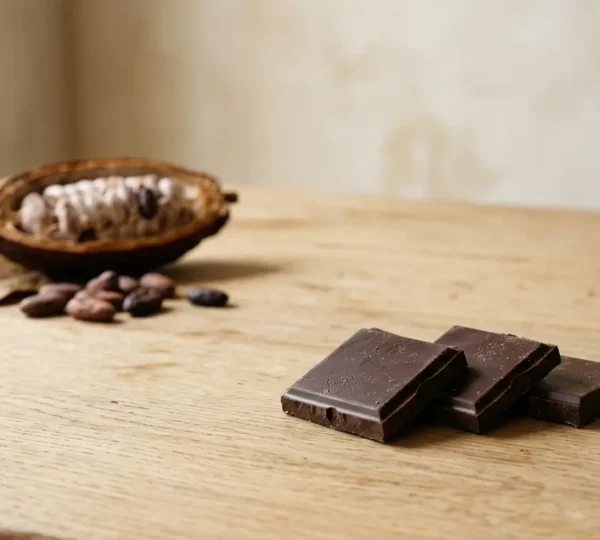 Carrés de chocolat noir à 85 % de cacao disposés sur une surface naturelle minimaliste