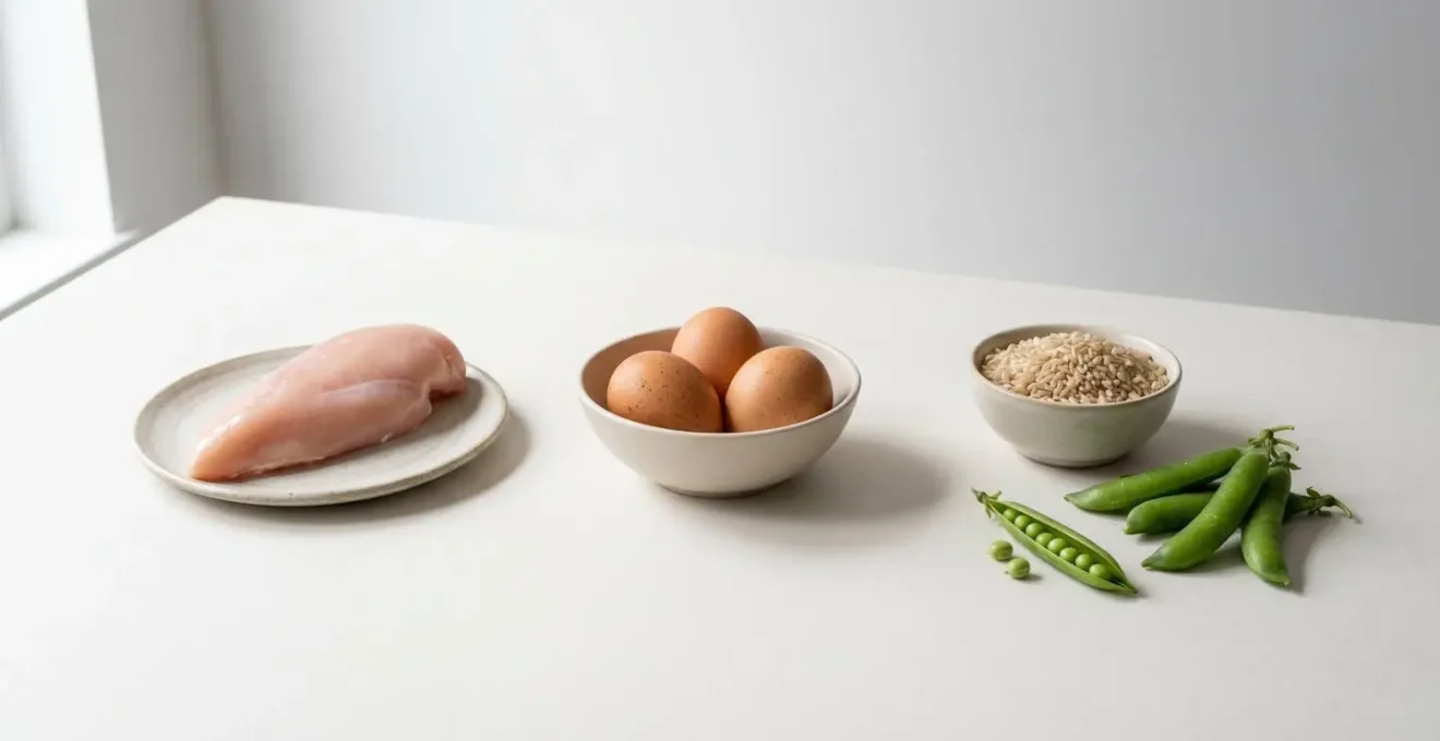Scène minimaliste comparant visuellement différentes sources de protéines dans un environnement épuré