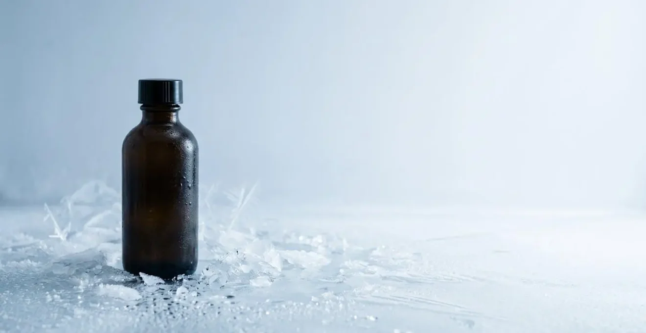Ambiance minimaliste évoquant la conservation au frais d'une huile fragile dans un environnement protégé