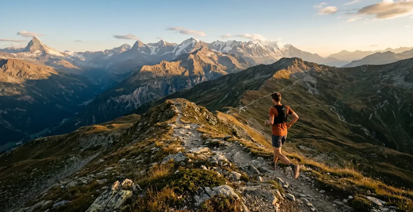 Coureur en plein effort sur un sentier de trail en montagne, illustrant l'endurance et la performance en cétose