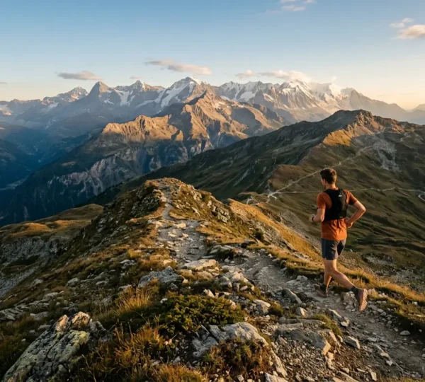 Coureur en plein effort sur un sentier de trail en montagne, illustrant l'endurance et la performance en cétose