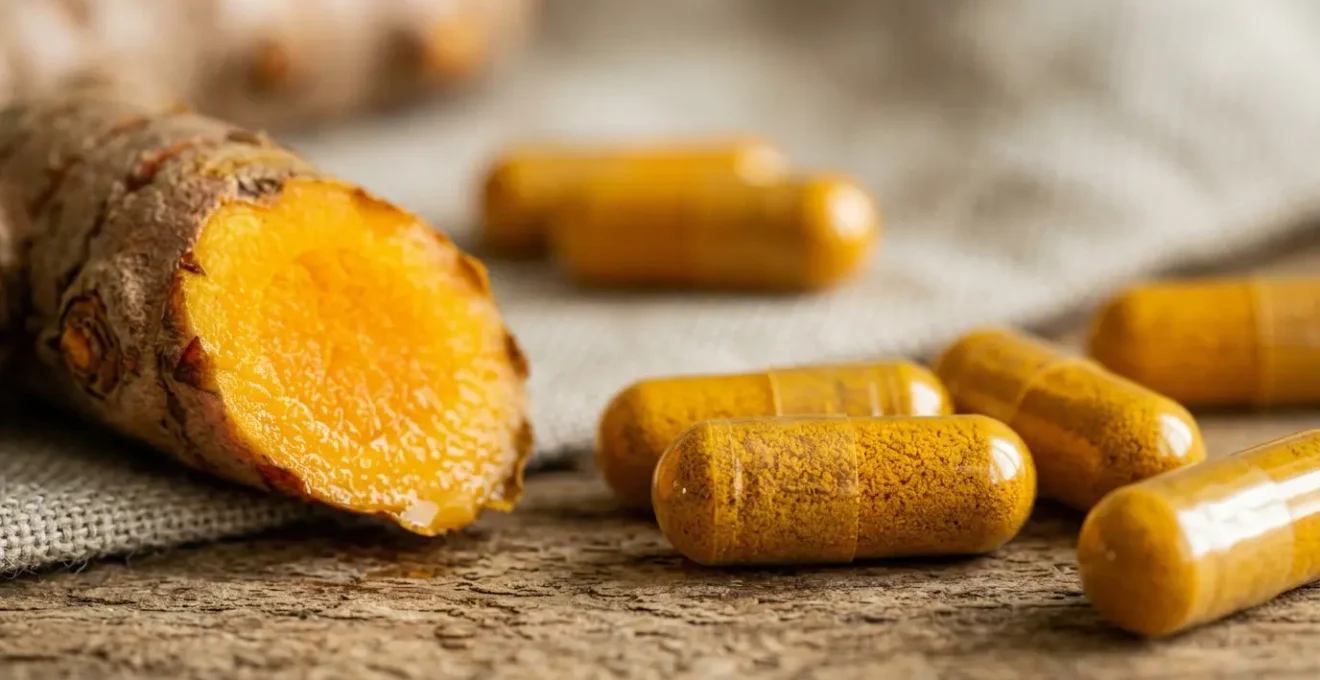 Gélules de curcuma dorées et rhizome frais symbolisant le soulagement naturel des articulations