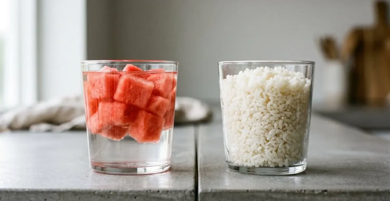 Comparaison visuelle entre la faible densité glucidique de la pastèque et la forte concentration en amidon du riz blanc