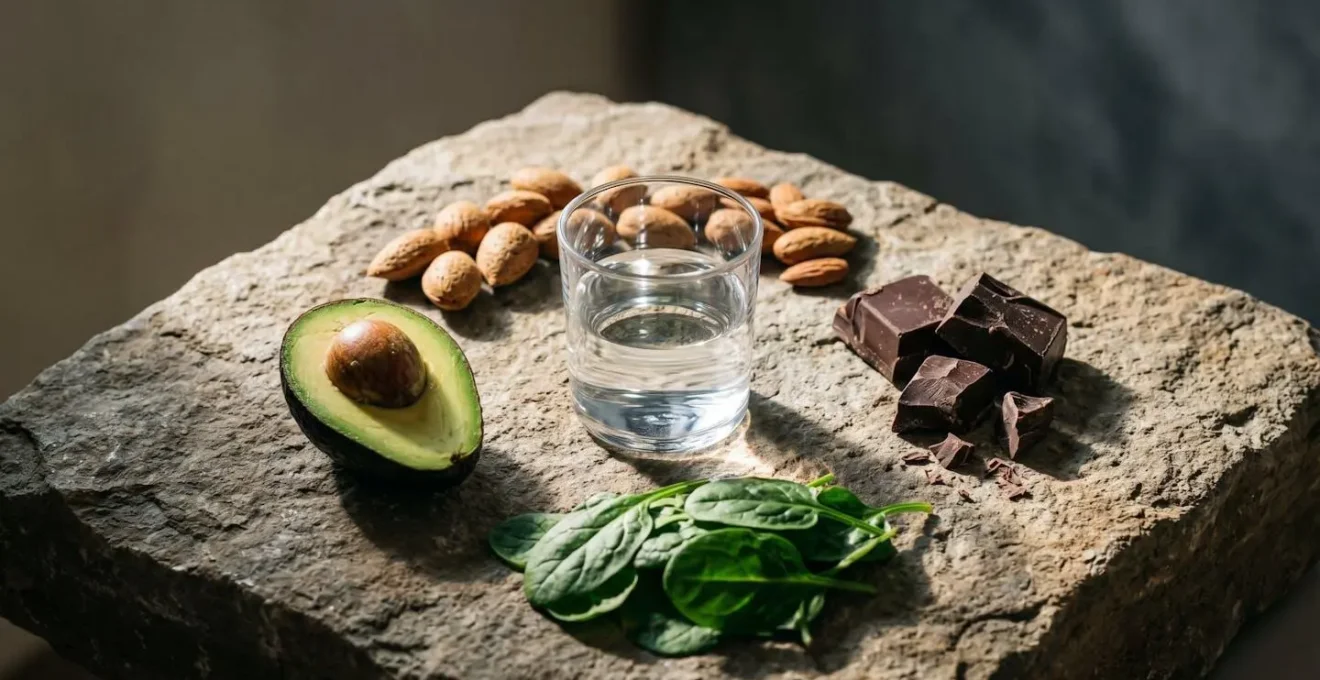 Composition symbolique évoquant l'équilibre hydrique avec un verre d'eau pure et des éléments naturels riches en minéraux