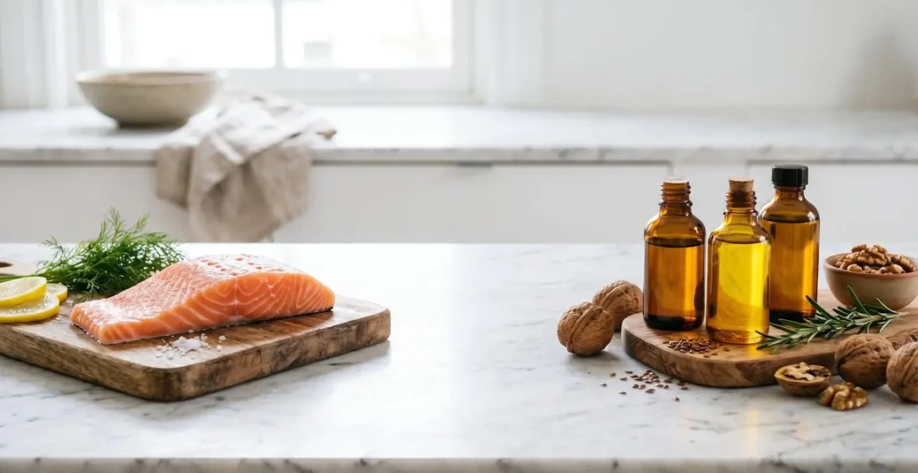 Composition culinaire minimaliste illustrant l'équilibre entre les acides gras oméga-3 et oméga-6 pour la santé