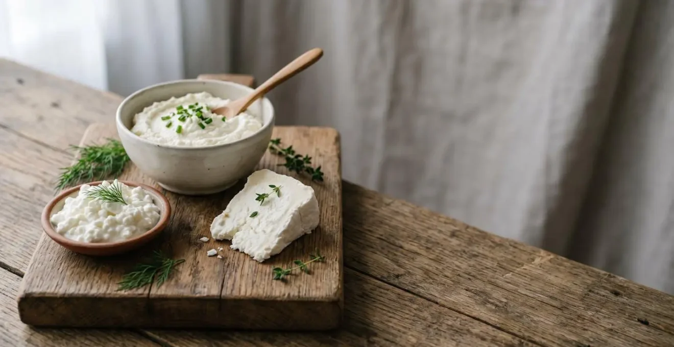 Nature morte de fromages frais légers et sains disposés sur une surface naturelle