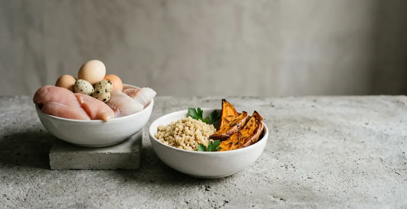 Composition équilibrée représentant la construction musculaire contrôlée et la nutrition ciblée