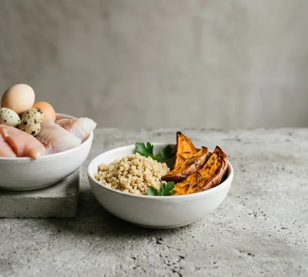 Composition équilibrée représentant la construction musculaire contrôlée et la nutrition ciblée