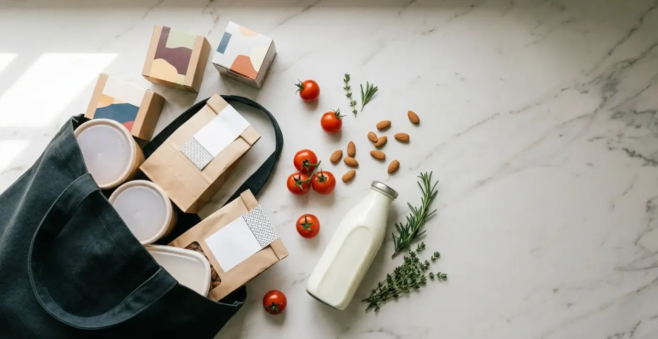 Composition minimaliste montrant des aliments transformés et étiquettes nutritionnelles sans texte visible