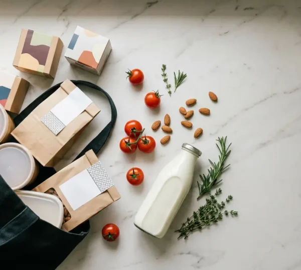 Composition minimaliste montrant des aliments transformés et étiquettes nutritionnelles sans texte visible