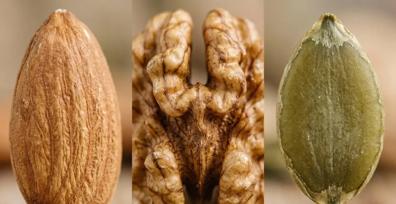 Vue macro détaillée sur différentes variétés d'oléagineux montrant leurs textures distinctes pour illustrer leurs profils nutritionnels variés