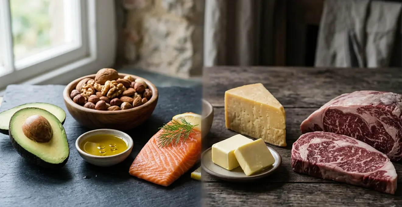 Composition naturelle illustrant le contraste entre graisses bénéfiques et nocives pour la santé cardiovasculaire