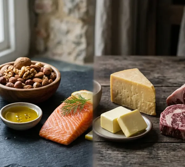 Composition naturelle illustrant le contraste entre graisses bénéfiques et nocives pour la santé cardiovasculaire