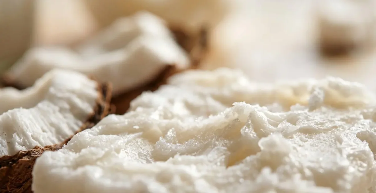 Macro photographie texturée de graisses saturées solidifiées illustrant la composition de l'huile de coco