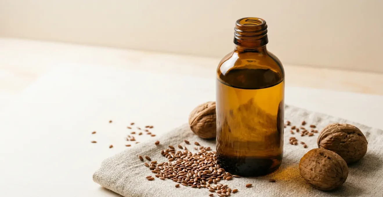Bouteille opaque d'huile végétale et ingrédients frais sur fond minimaliste évoquant la fraîcheur et la préservation naturelle