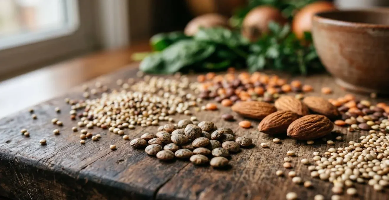 Assortiment d'ingrédients à indice glycémique bas disposés sur une surface en bois avec légumineuses, graines et légumes frais