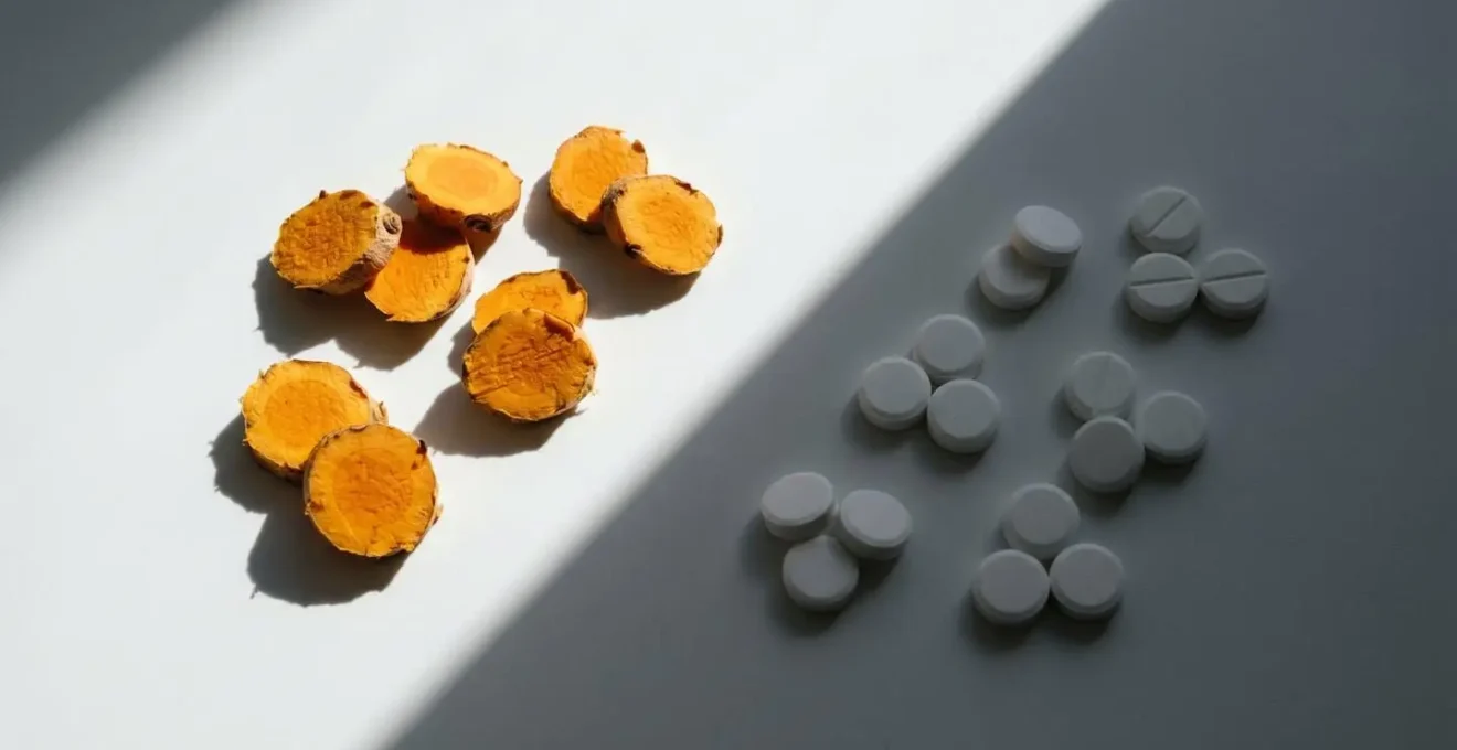 Composition symbolique montrant l'interaction entre composés naturels et médicaments