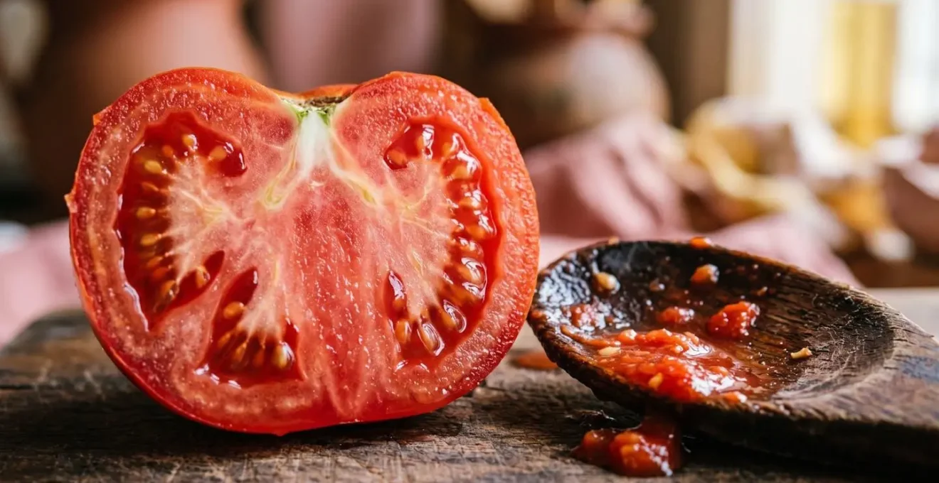 Gros plan macro sur des tomates fraîches et une sauce tomate maison sur une cuillère, sans emballage visible