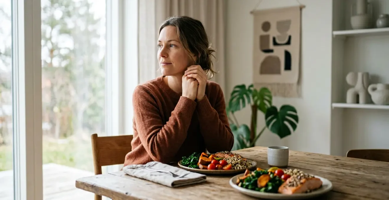 Femme sereine contemplant une assiette colorée dans un environnement lumineux symbolisant l'équilibre alimentaire sans culpabilité