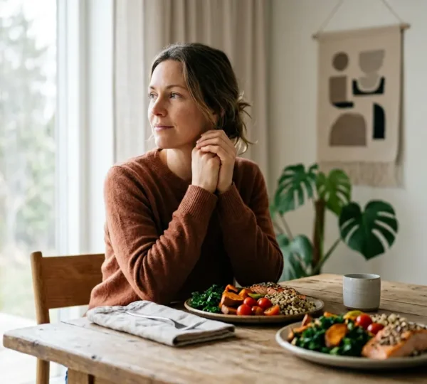 Femme sereine contemplant une assiette colorée dans un environnement lumineux symbolisant l'équilibre alimentaire sans culpabilité