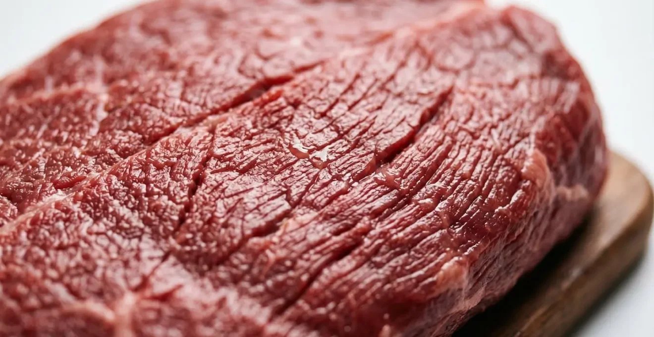 Gros plan macro sur la texture et les fibres musculaires d'un morceau de viande maigre révélant l'absence de persillage