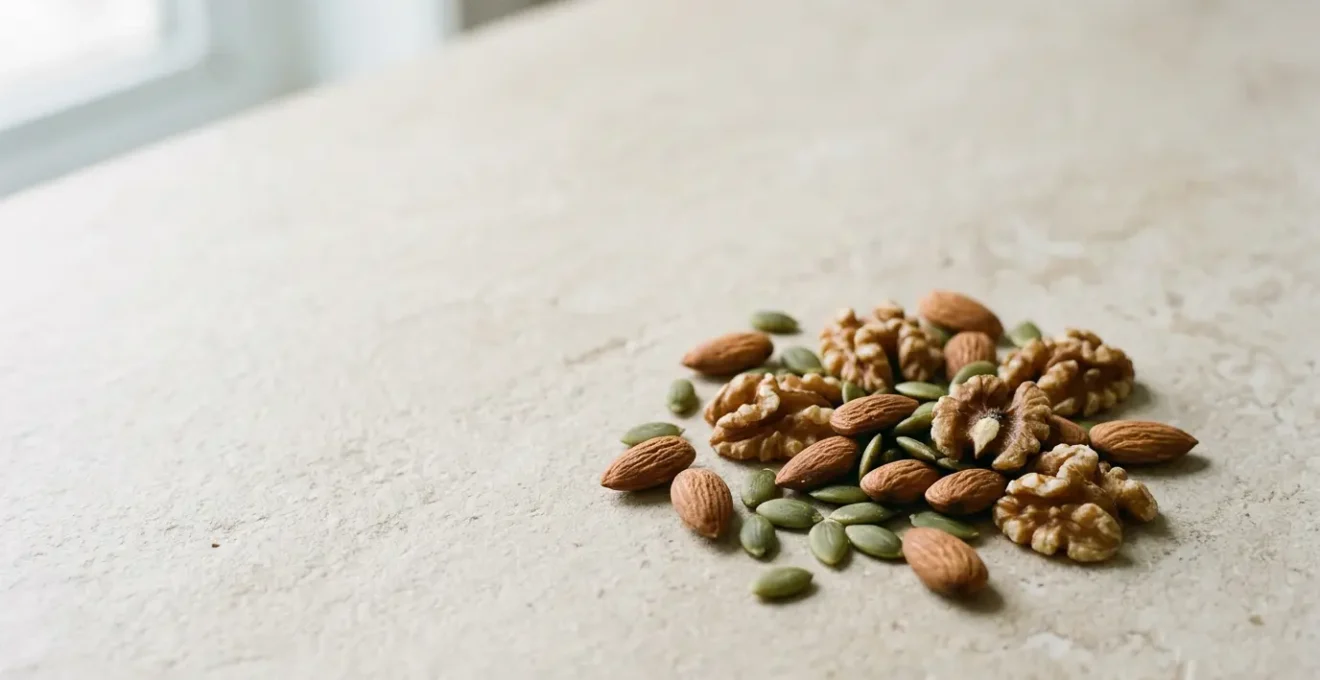 Poignée d'amandes, noix et graines de courge sur fond naturel minimaliste illustrant les sources d'oléagineux riches en magnésium et zinc